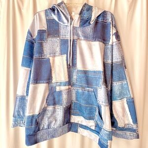 Women's Long Sleeve Polyester Denim Patchwork Hoodie Kangaroo Pocket 3X
